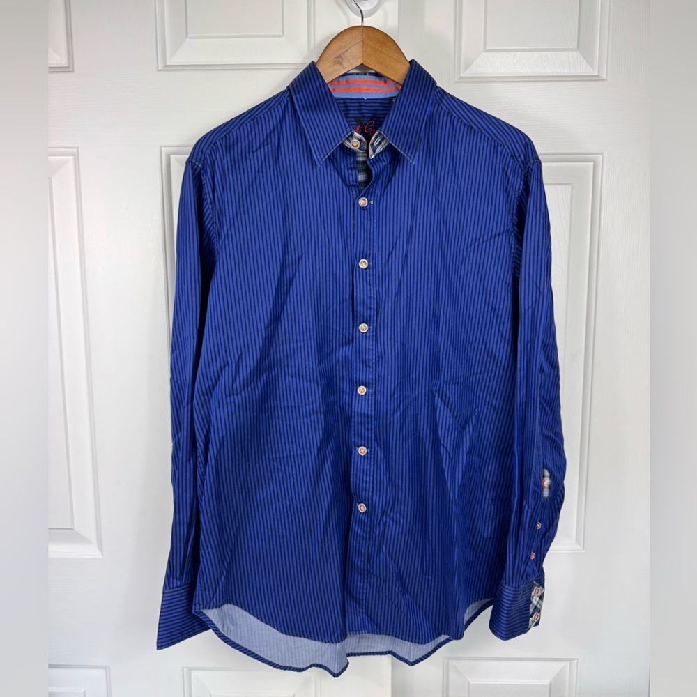 ROBERT GRAHAM Blue Striped Tartan Plaid Cotton Flip Cuff Large EUC